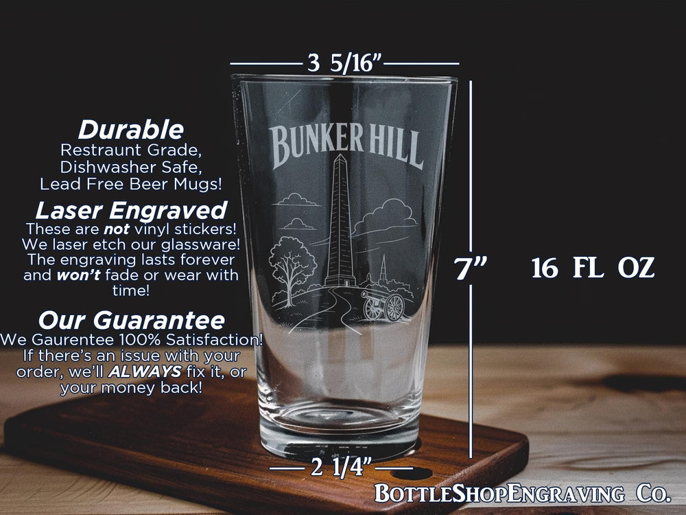Bunker Hill Pint Glass, Boston Landmark Drinkware, Revolutionary War Monument Bar Glass, Historic Massachusetts Souvenir Glass