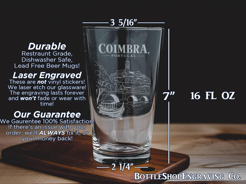 Coimbra Portugal Pint Glass, Coimbra City Souvenir Beer Glass, Portugal Travel Gift, Coimbra Landmark Drinkware