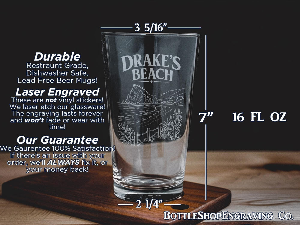 Drakes Beach Pint Glass, Point Reyes California Coastal Landmark Souvenir Beer Glass, Drake's Bay Ocean Beach Gift