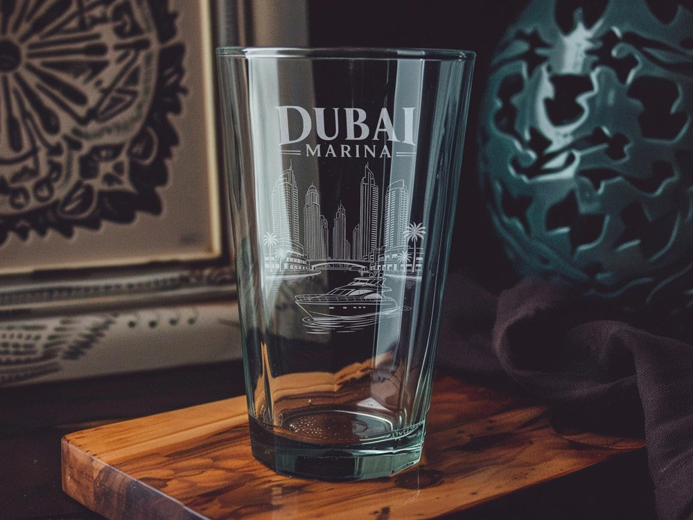 Dubai Marina Skyline Pint Glass, Dubai Waterfront Skyscrapers & Marina Boats Souvenir Beer Glass