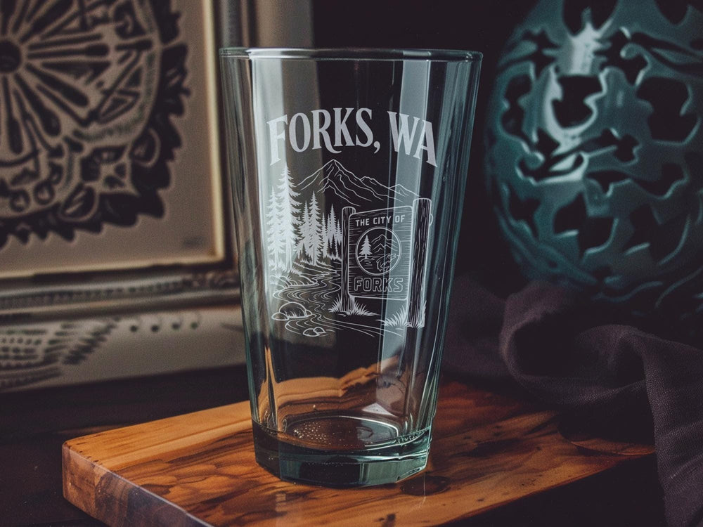 Forks WA Pint Glass, Forks Washington Souvenir Drinkware, Twilight Town Gift, Pacific Northwest Travel Glass, Washington State Bar Glass
