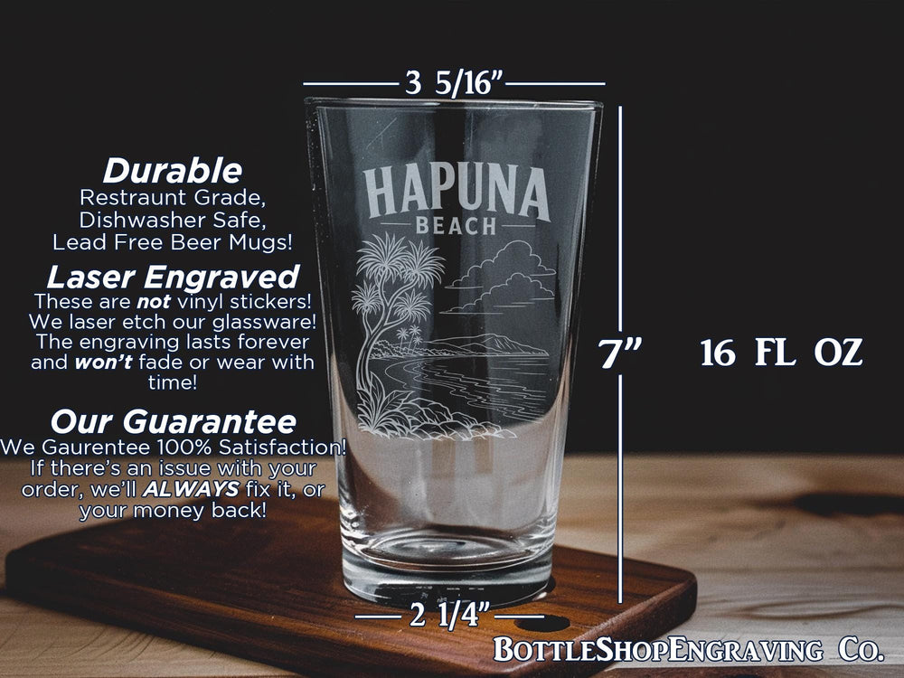 Hapuna Beach Pint Glass, Hawaii Beach Souvenir Glass, Coastal Ocean Waves Vacation Drinkware, Big Island Hawaii Gift