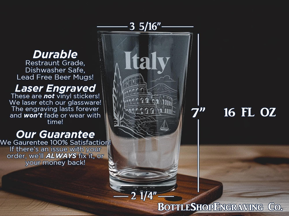 Italy Pint Glass, Italy Travel Souvenir Beer Glass, Italian Flag Italy Map Pint Glass, Rome Venice Florence Italy Gift