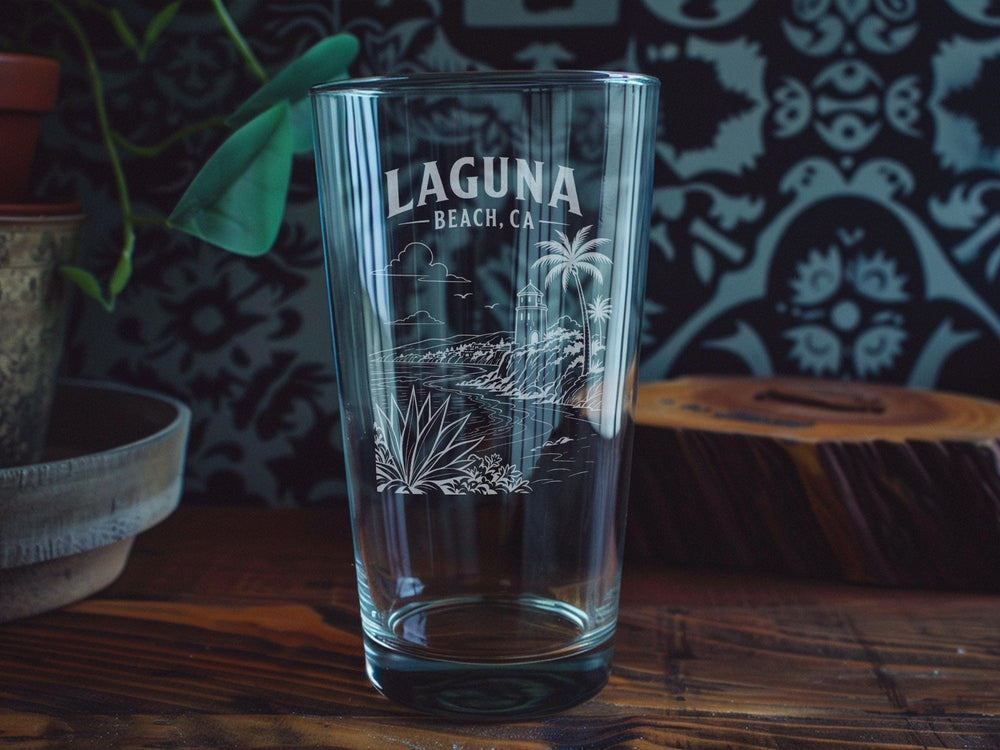 Laguna Beach CA Pint Glass, California Coastal Souvenir Drinkware, Beach Town Vacation Gift, Orange County Bar Glass