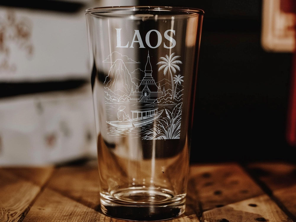 Laos Pint Glass, Laos Travel Souvenir Beer Glass, Laos Country Gift, Vientiane Luang Prabang Laos Lover Pint Glass