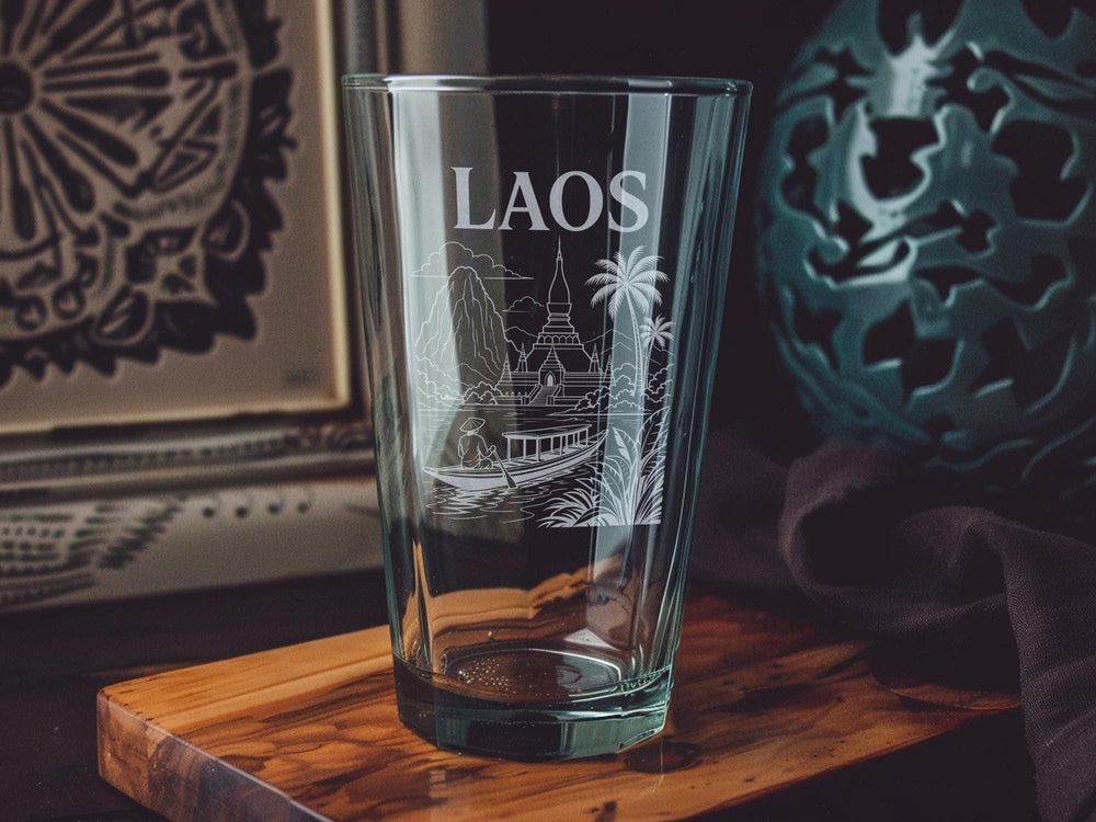 Laos Pint Glass, Laos Travel Souvenir Beer Glass, Laos Country Gift, Vientiane Luang Prabang Laos Lover Pint Glass