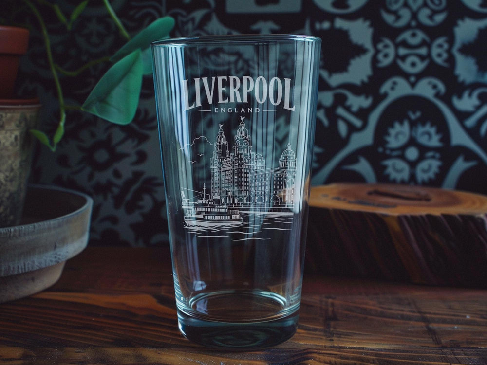 Liverpool England Pint Glass Souvenir Travel Gift, Liverpool City Landmark Glass, UK Pub Bar Drinkware, British Vacation Keepsake