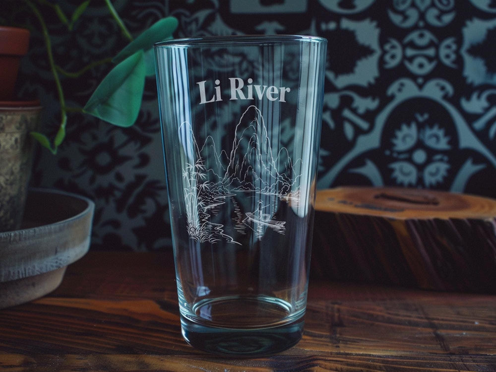 Li River Pint Glass, Guilin China River Landscape Drinking Glass, Karst Mountains and Bamboo Raft Scenic Glassware