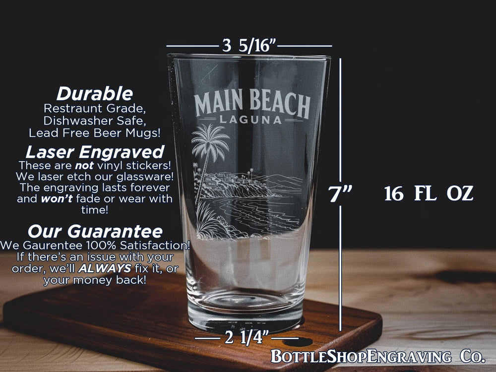Main Beach Laguna Pint Glass, Laguna Beach California Souvenir Beer Glass, Coastal Beach Scene Drinkware Gift