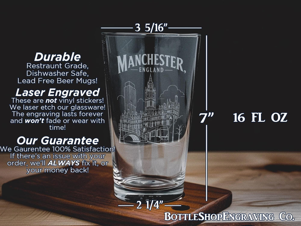 Manchester England Pint Glass, Manchester City Souvenir Beer Glass, UK Travel Gift, British Pub Drinkware, England Keepsake Glass