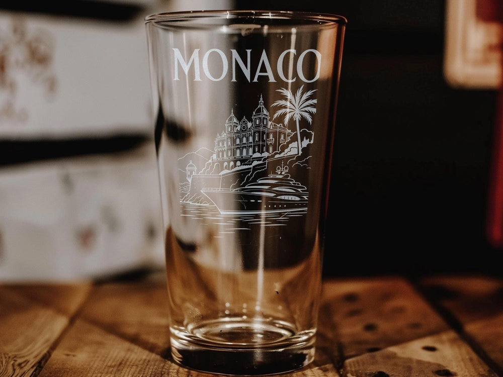 Monaco Pint Glass, Monte Carlo Casino, Mediterranean Coast, Formula 1 Grand Prix Theme, Luxury Travel Souvenir Beer Glass