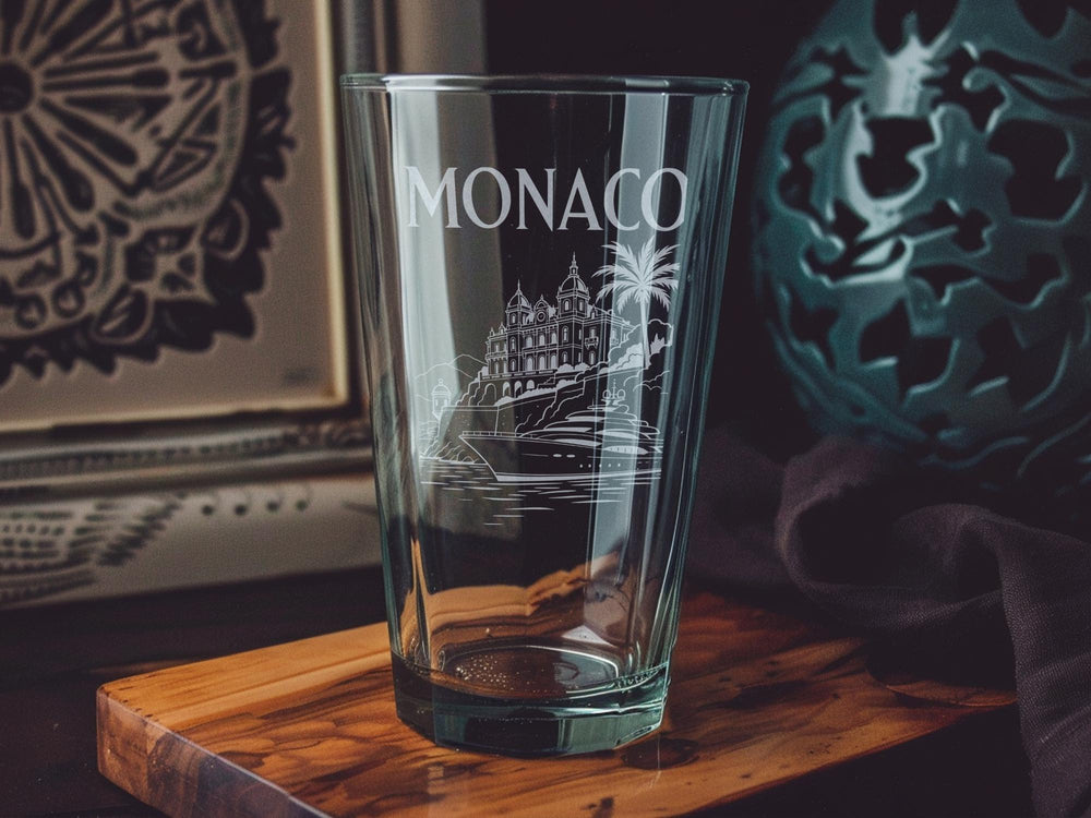 Monaco Pint Glass, Monte Carlo Casino, Mediterranean Coast, Formula 1 Grand Prix Theme, Luxury Travel Souvenir Beer Glass