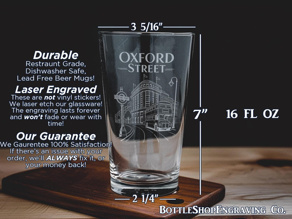 Oxford Street London Pint Glass, UK City Street Scene Souvenir Bar Glass, Travel Landmark Drinkware Gift