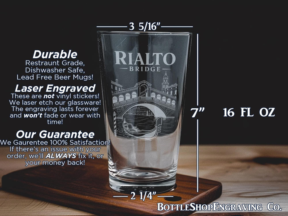 Rialto Bridge Venice Pint Glass, Italian Landmark Souvenir Drinkware, Venice Canal Bridge Gift, Travel Theme Beer Glass