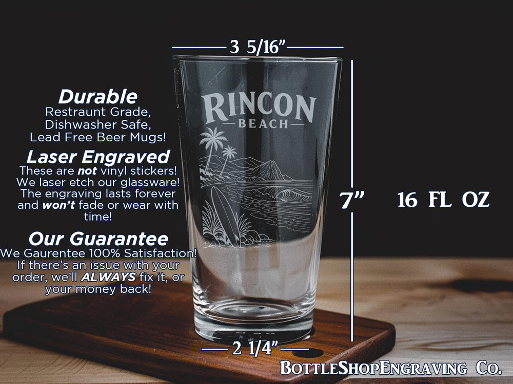 Rincon Beach Pint Glass, California Surf Spot Souvenir, Beach Lover Gift, Coastal Barware, Surfing Theme Drinkware