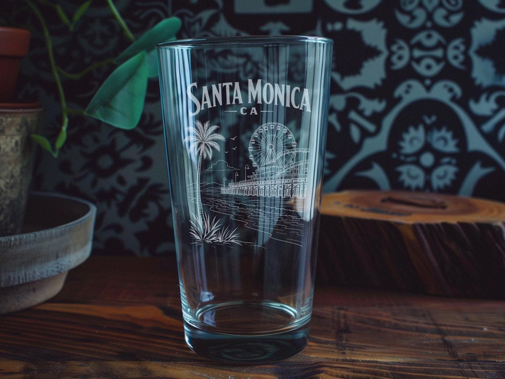 Santa Monica CA Pint Glass, Santa Monica California Souvenir Beer Glass, Coastal Beach City Travel Gift, West Coast Barware