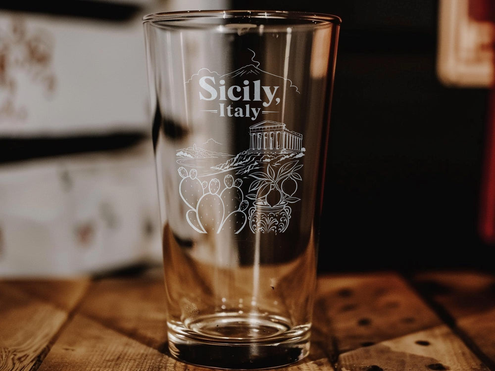 Sicily Italy Pint Glass, Sicily Travel Souvenir Beer Glass, Italian Island Vacation Gift, Sicily Destination Drinkware