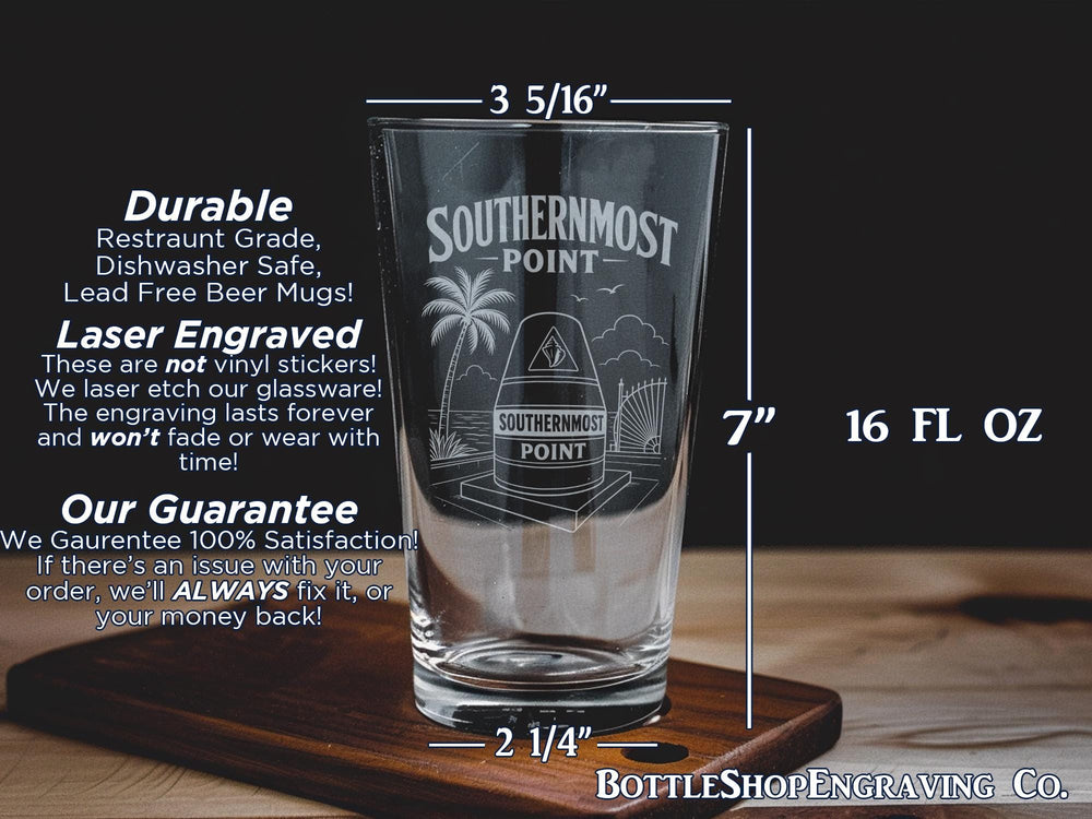 Southernmost Point Key West Florida Pint Glass Souvenir Gift, Iconic Landmark Marker Sign Travel Vacation Drinkware