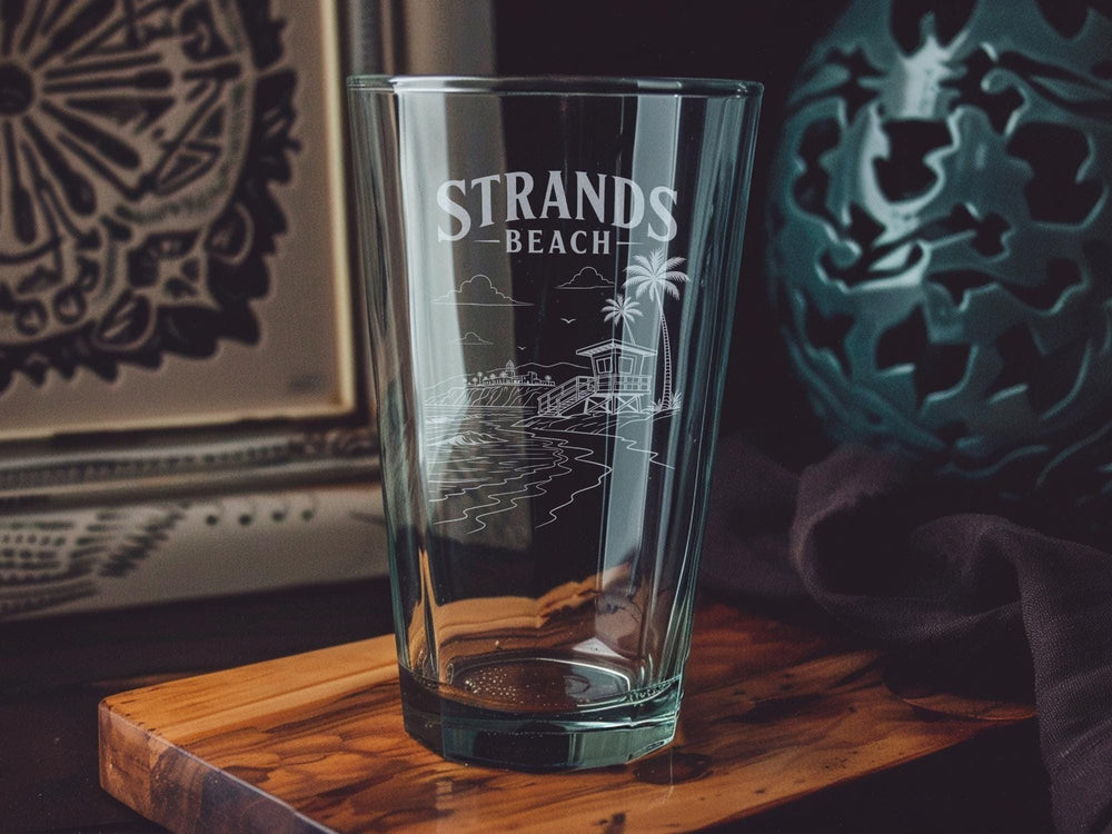 Strands Beach Pint Glass, Dana Point California Coastal Souvenir Glass, Orange County Beach Scene Drinkware Gift