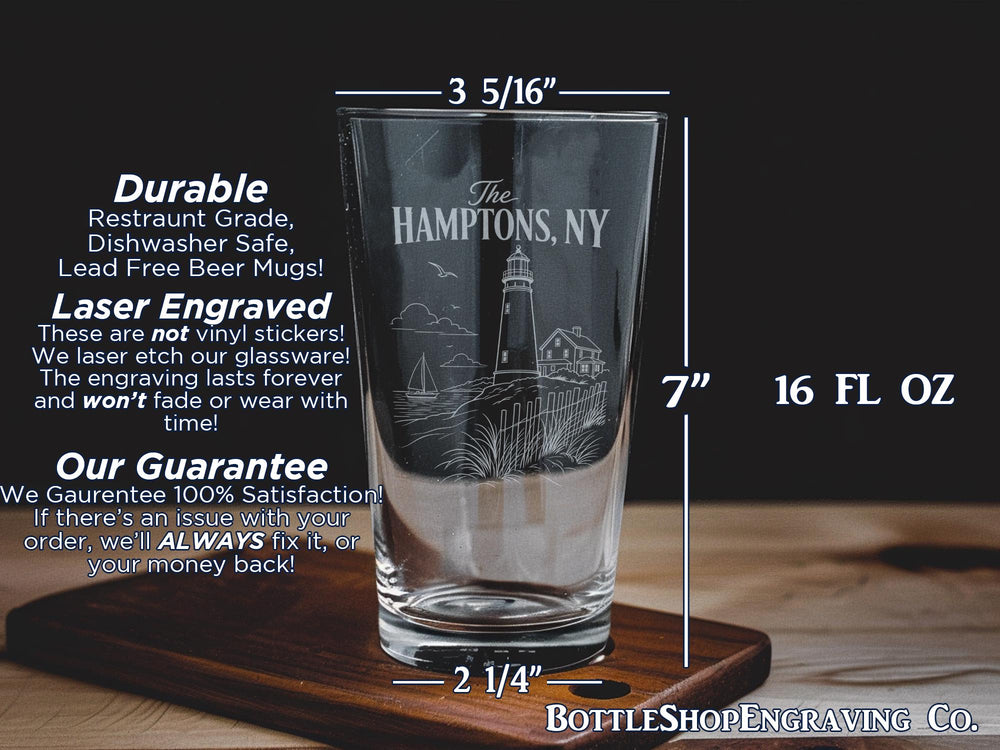 The Hamptons NY Pint Glass, Hamptons New York Souvenir Drinkware, Long Island Beach Town Bar Glass, Coastal Vacation Gift