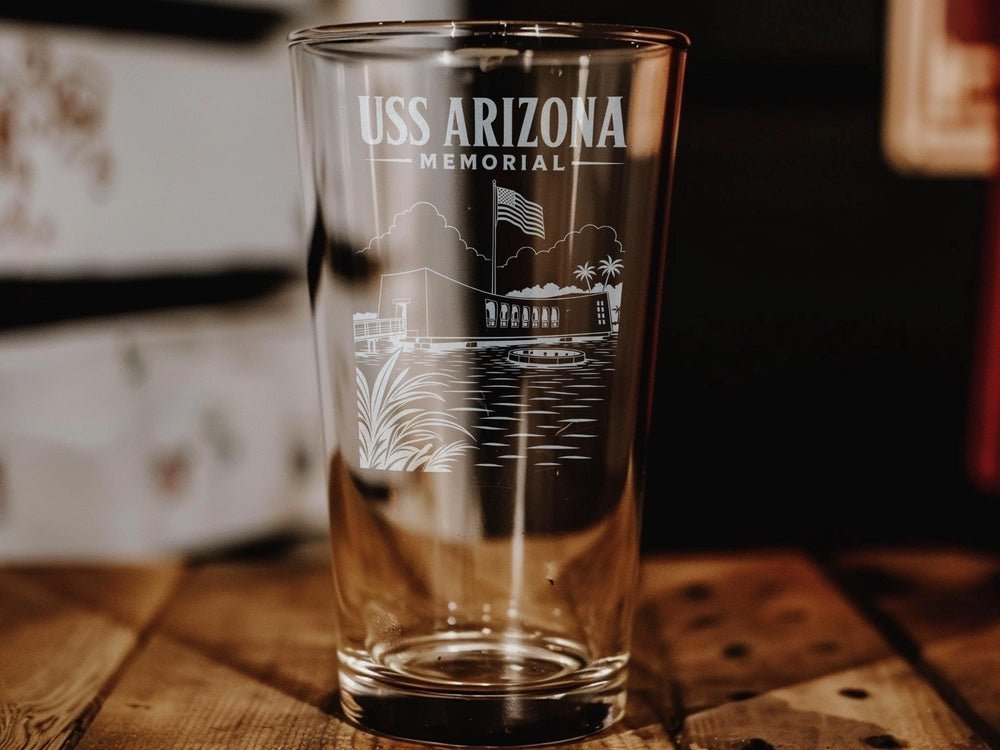 USS Arizona Memorial Pint Glass, Pearl Harbor Hawaii Souvenir Beer Glass, WWII Naval History Gift, Battleship Memorial Drinkware