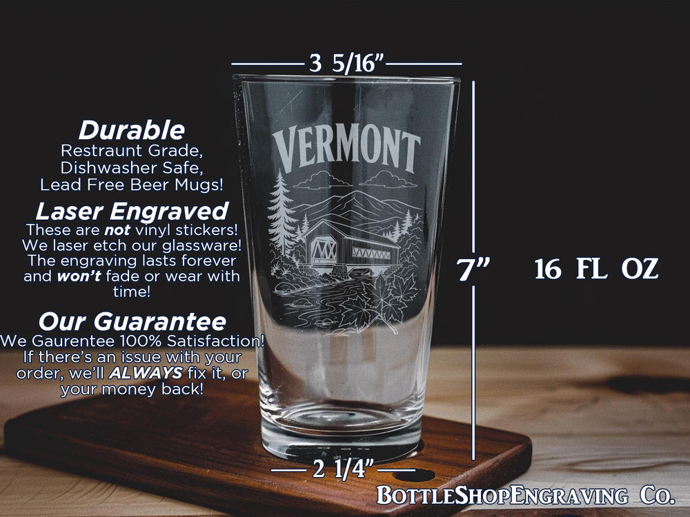 Vermont Pint Glass, Vermont State Souvenir Beer Glass, Vermont Travel Gift, Vermont Themed Barware, Vermont Drinkware
