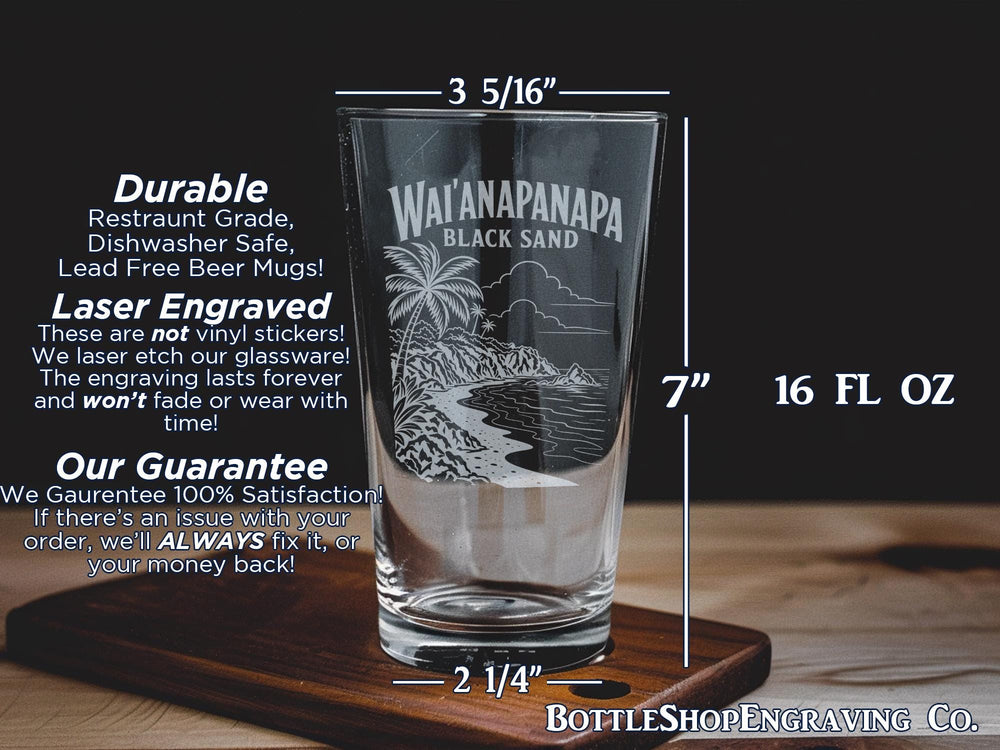 Waianapanapa Black Sand Beach Pint Glass, Maui Hawaii Coastal Landscape Souvenir Beer Glass Gift