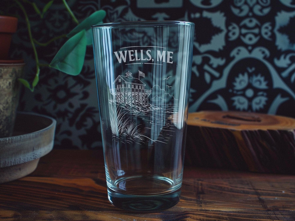 Wells ME Pint Glass, Wells Maine Souvenir Drinking Glass, Coastal Town Vacation Keepsake Barware Gift