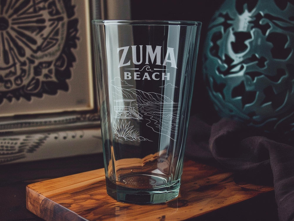 Zuma Beach Pint Glass, Malibu California Beach Souvenir Drinkware, Coastal Ocean Waves and Shoreline Theme Glass