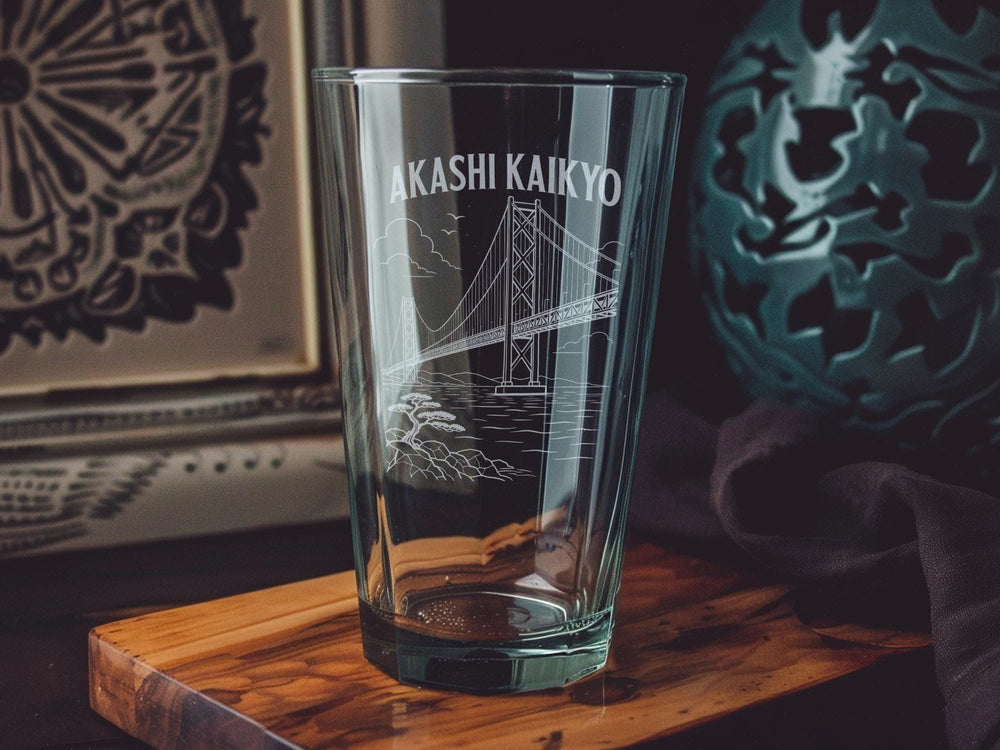 Akashi Kaikyo Bridge Pint Glass, Japan Suspension Bridge Souvenir Drinkware, Kobe Awaji Strait Landmark Glass