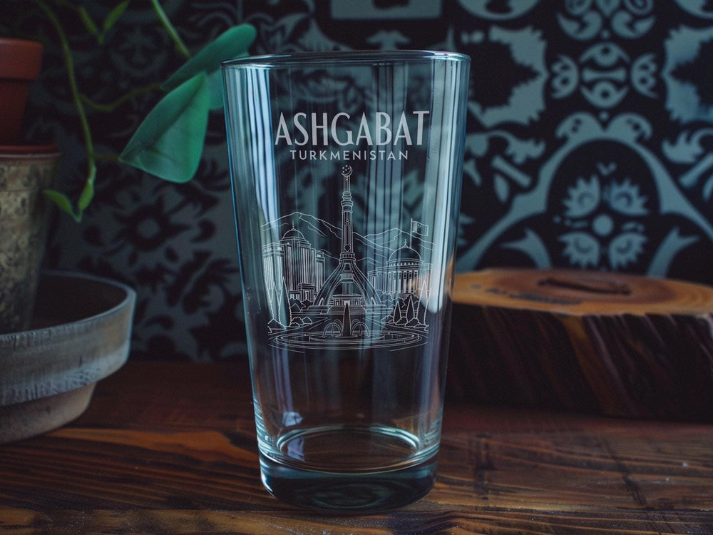 Ashgabat Turkmenistan Pint Glass, Ashgabat City Skyline Souvenir Beer Glass, Turkmenistan Travel Gift Drinkware