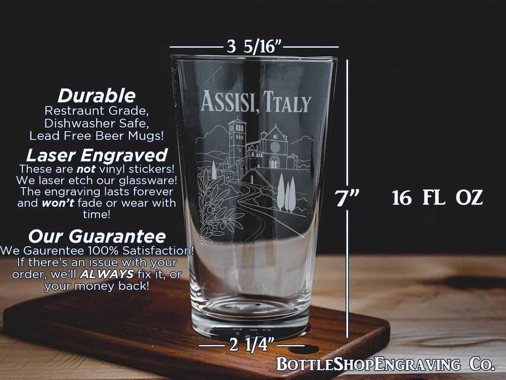 Assisi Italy Pint Glass, Assisi Travel Souvenir Beer Glass, Umbria Italy Landmark Drinkware, Italian Cityscape Pint Glass