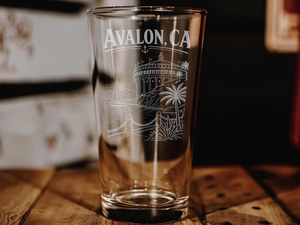 Avalon CA Pint Glass, Catalina Island Souvenir Beer Glass, California Coastal Travel Gift, Avalon Harbor Theme Drinkware