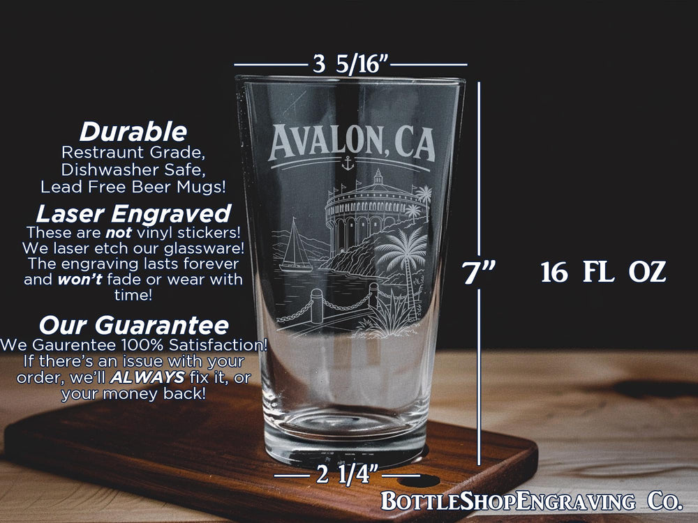Avalon CA Pint Glass, Catalina Island Souvenir Beer Glass, California Coastal Travel Gift, Avalon Harbor Theme Drinkware
