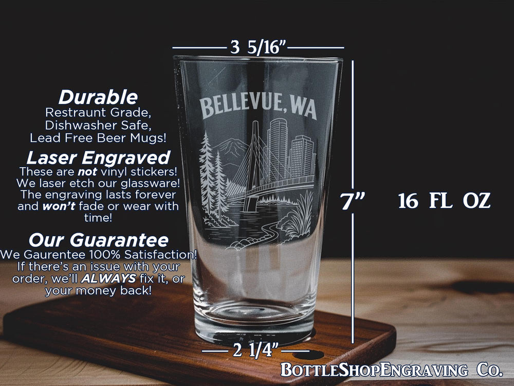 Bellevue WA Pint Glass, Bellevue Washington Souvenir Beer Glass, Bellevue Skyline Landmark Drinkware, Pacific Northwest Gift