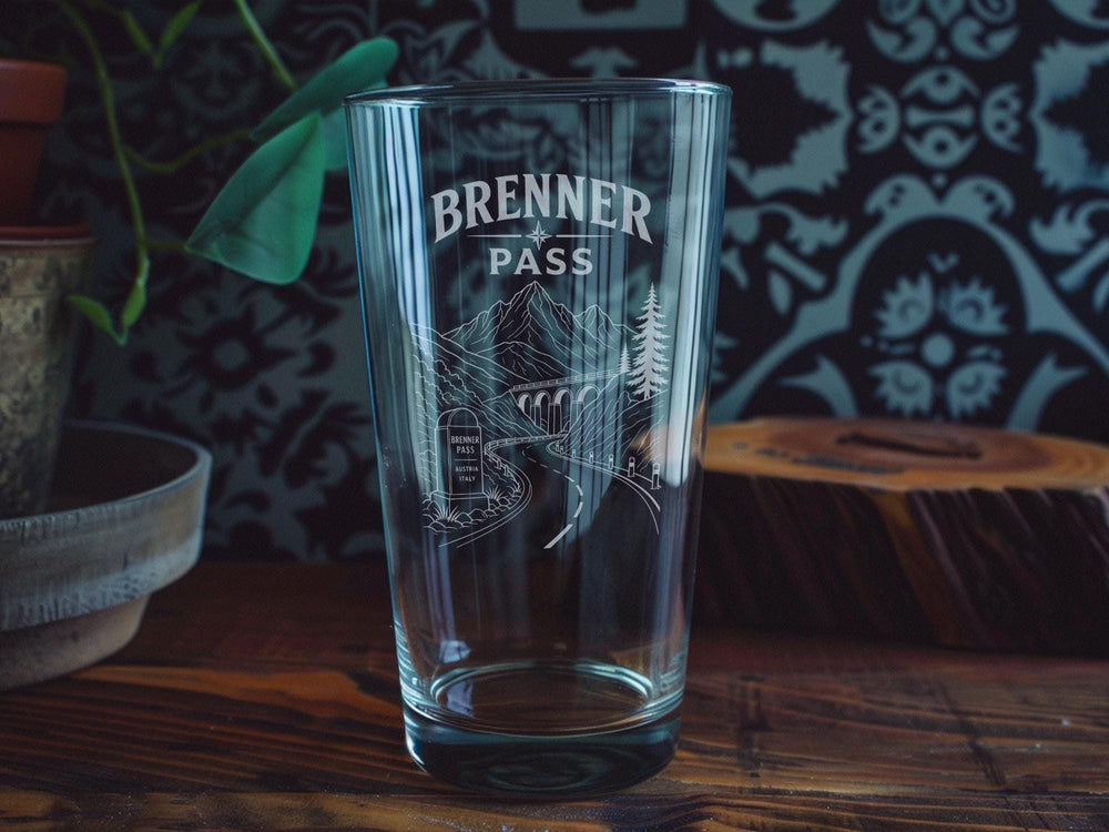 Brenner Pass Pint Glass, Alpine Mountain Pass Souvenir Beer Glass, Austria Italy Border Travel Gift, Tyrol Landmark Drinkware