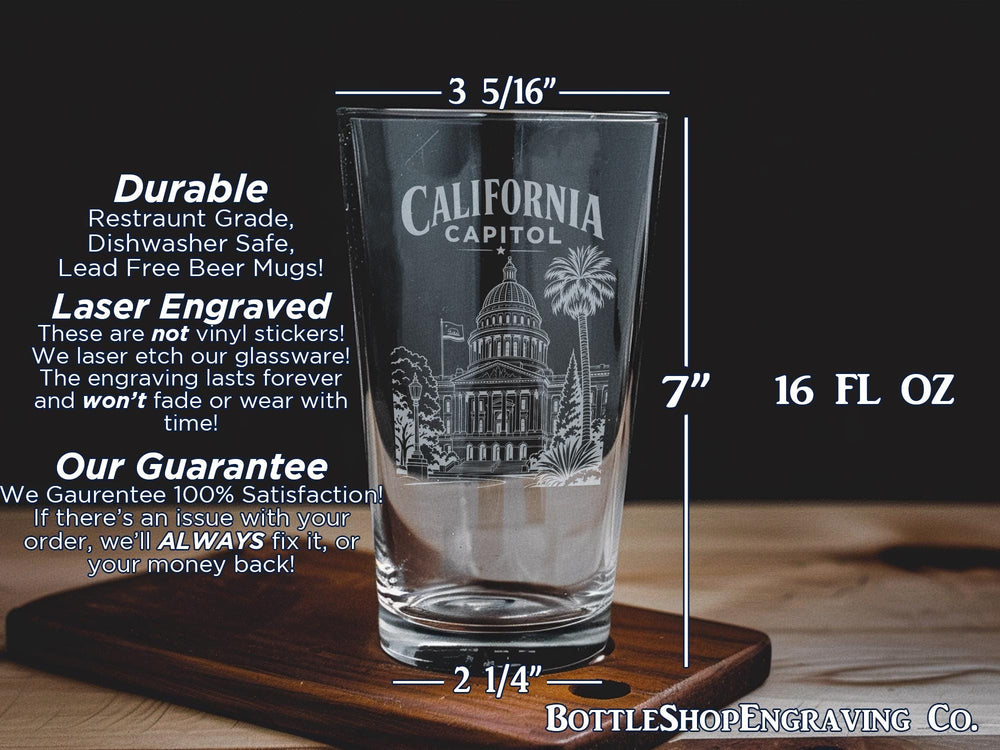 California Capitol Building Pint Glass, Sacramento Landmark Drinkware, State Capitol Souvenir Beer Glass, California Travel Gift