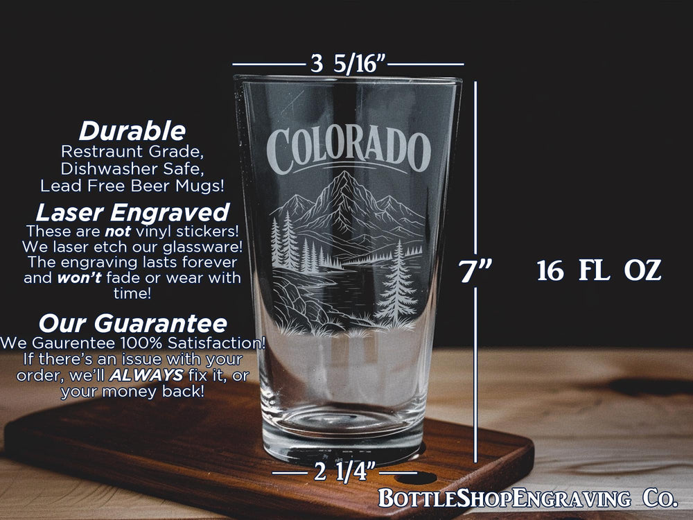 Colorado Pint Glass, Colorado State Souvenir Beer Glass, Mountain State Drinkware, Colorado Gift for Hikers Skiers Outdoors Lovers