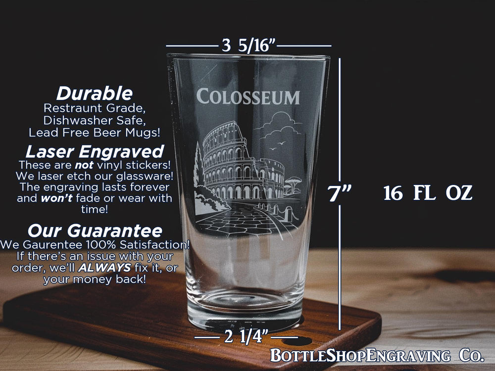 Colosseum Pint Glass, Rome Italy Amphitheater Drinking Glass, Ancient Roman Landmark Souvenir Barware Gift