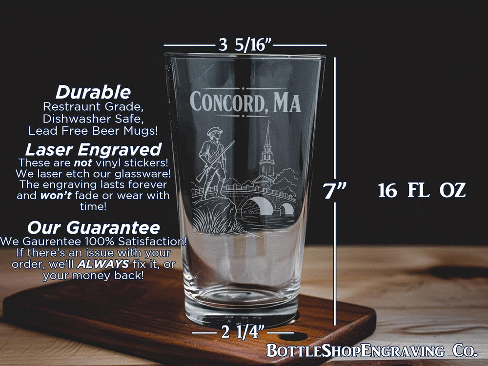 Concord MA Pint Glass, Concord Massachusetts Souvenir Drinkware, New England Travel Gift, Historic Concord MA Keepsake Glass