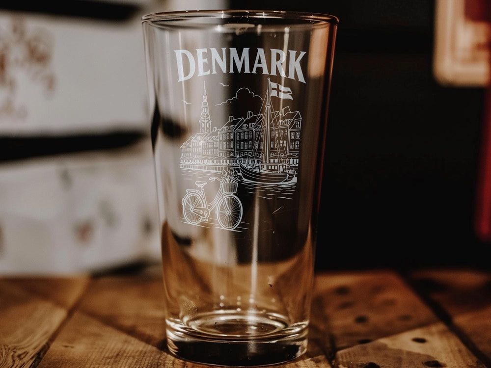 Denmark Pint Glass, Danish Flag Beer Glass, Copenhagen Souvenir Drinkware, Denmark Travel Gift, Scandinavian Bar Glass