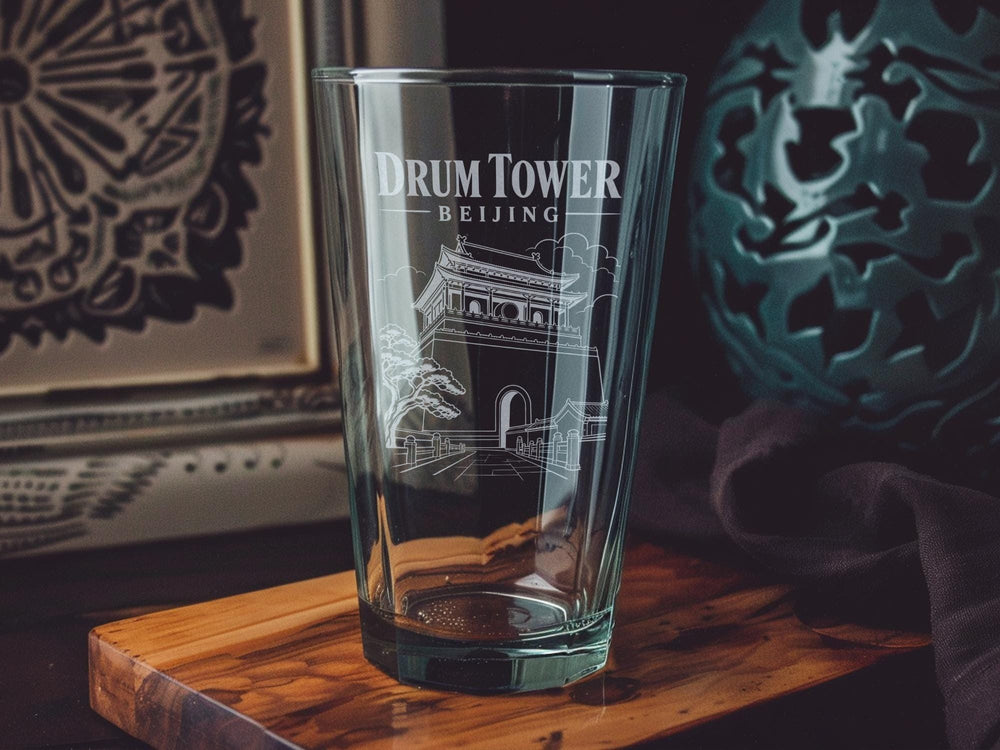 Beijing Drum Tower Pint Glass, China Landmark Souvenir Beer Glass, Beijing Travel Gift, Historic Architecture Drinkware