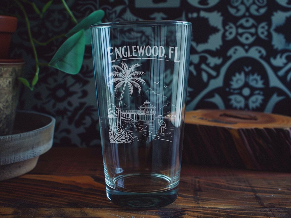 Englewood FL Pint Glass, Englewood Florida Souvenir Beer Glass, Coastal Gulf Coast Drinkware, Vacation Gift