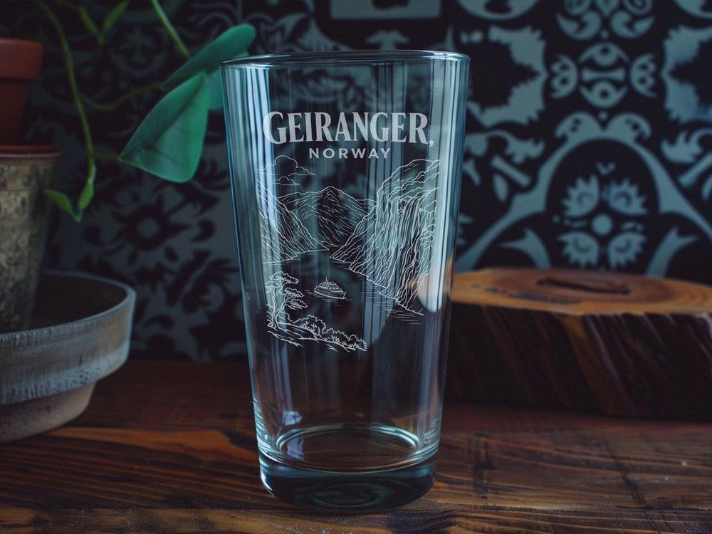 Geiranger Norway Pint Glass, Geirangerfjord Scenic Souvenir Beer Glass, Norwegian Fjord Mountain Village Travel Gift