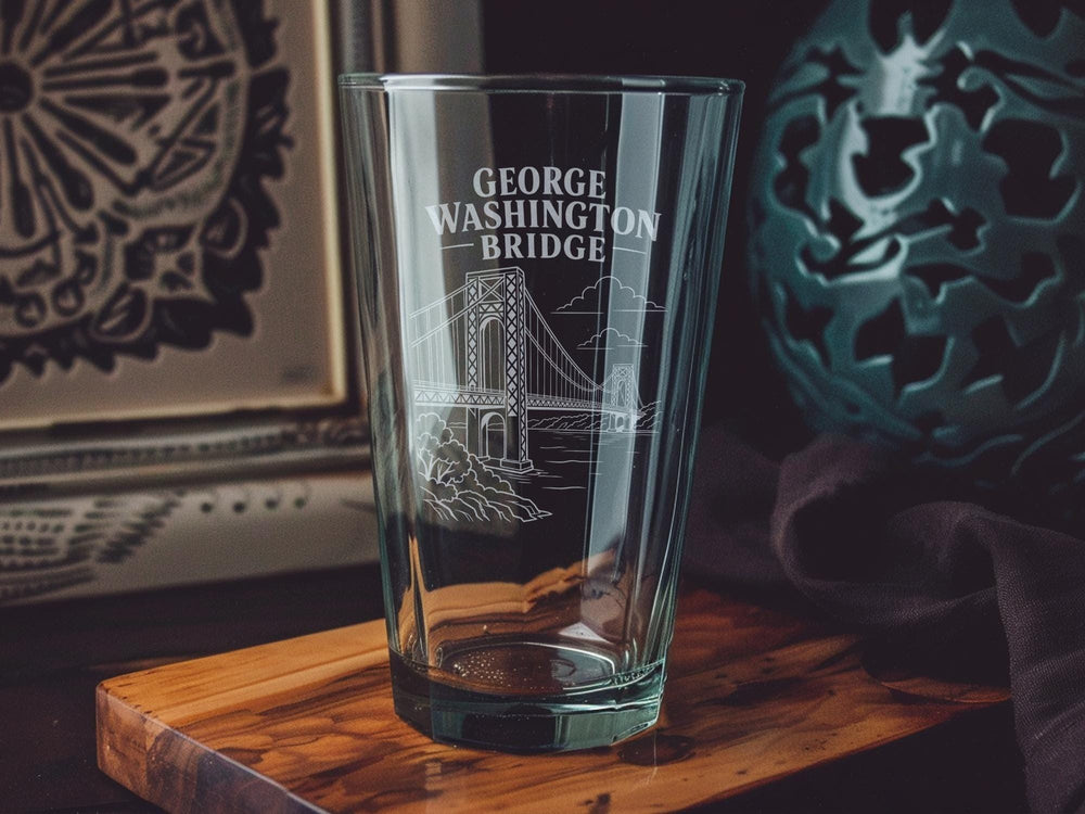 George Washington Bridge Pint Glass, New York City Landmark Skyline Drinking Glass, NYC Souvenir Barware Gift