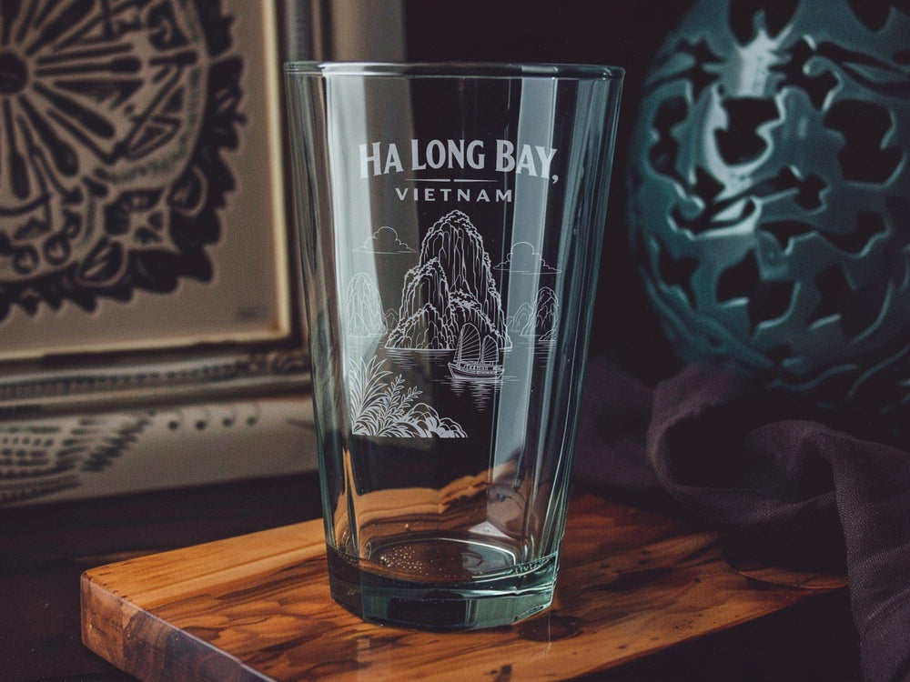 Ha Long Bay Vietnam Pint Glass, Scenic Limestone Karsts and Boat Coastal Landscape Souvenir Drinkware Gift