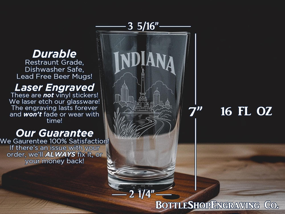 Indiana Pint Glass, Indiana State Souvenir Beer Glass, Indiana Travel Gift, Indiana Pride Barware, Hoosier State Pint Glass