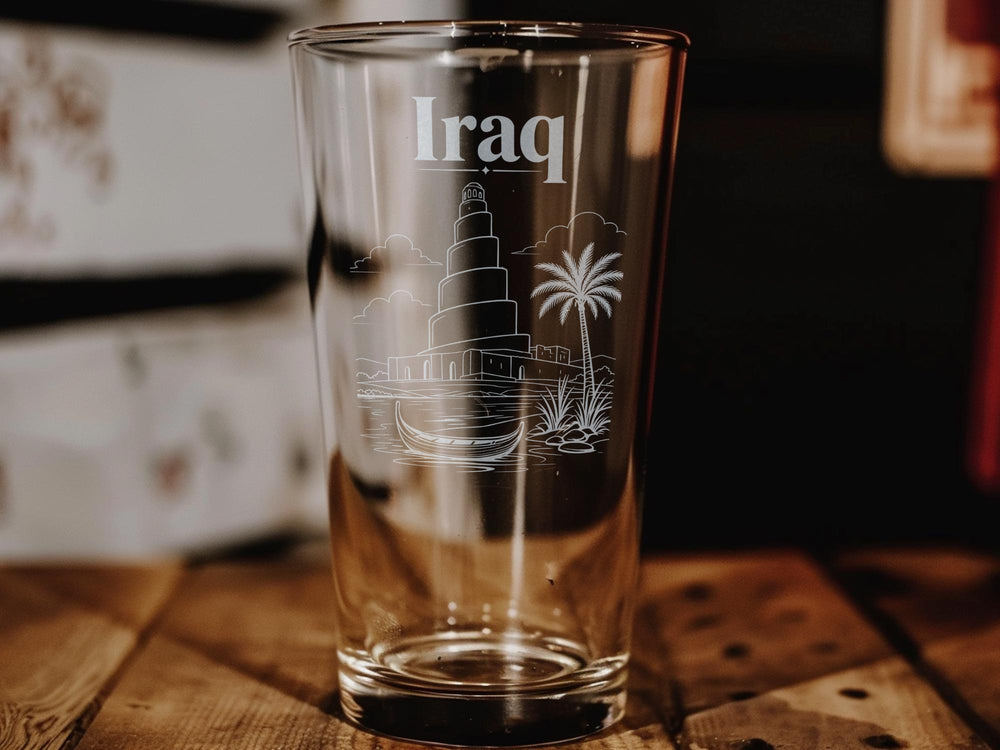 Iraq Pint Glass, Iraq Travel Souvenir Beer Glass, Iraqi Heritage Gift, Iraq Country Pride Barware, Iraq Themed Drinkware