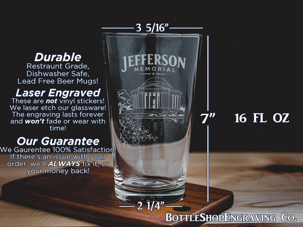 Jefferson Memorial Pint Glass, Washington DC Landmark Souvenir Beer Glass, USA National Monument Drinkware Gift