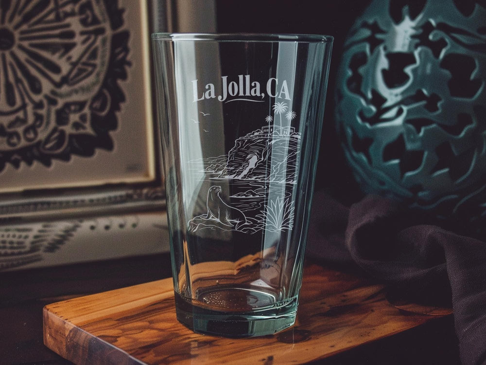 La Jolla CA Pint Glass, La Jolla California Souvenir Drinking Glass, Coastal Beach Town Barware Gift